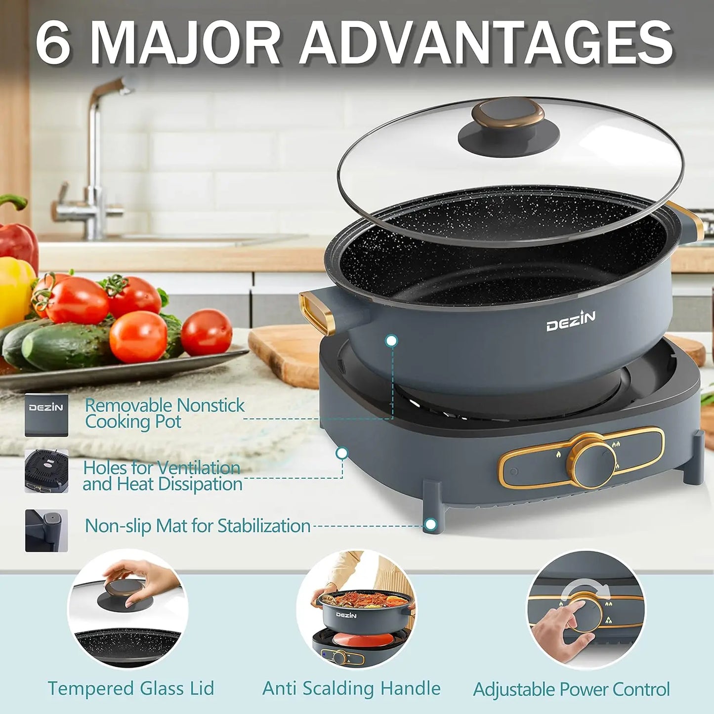 Electric Shabu Shabu Pot with Removable Pot, 5L Non-Stick Hot Pot Electric with Multi-Power Control, 3.7" Depth Electric P