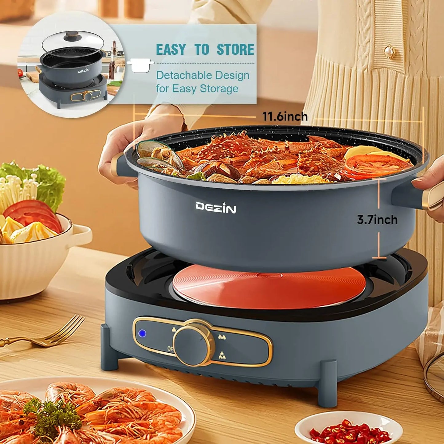 Electric Shabu Shabu Pot with Removable Pot, 5L Non-Stick Hot Pot Electric with Multi-Power Control, 3.7" Depth Electric P