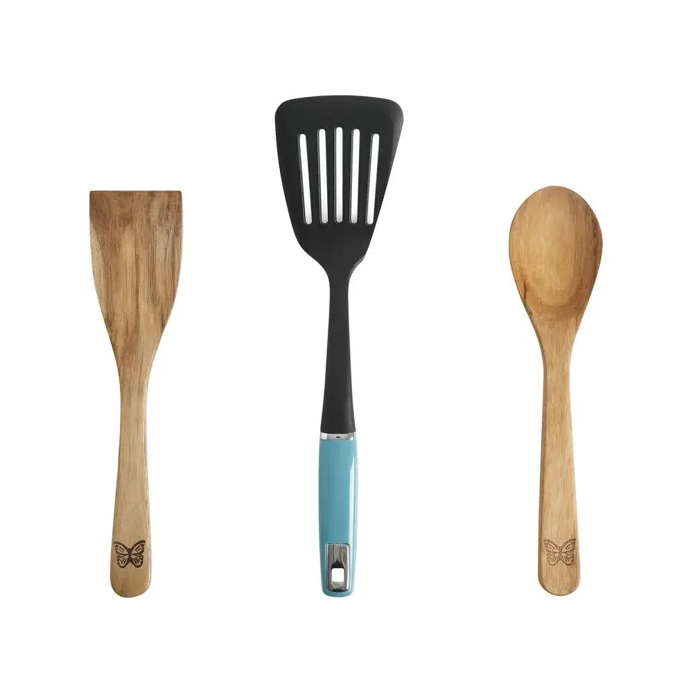 24-Piece Aluminum Cookware Set with Ceramic Measuring Cups and Spoons Cast Iron Skillet Wooden Tools Nylon Spatula Turquoise