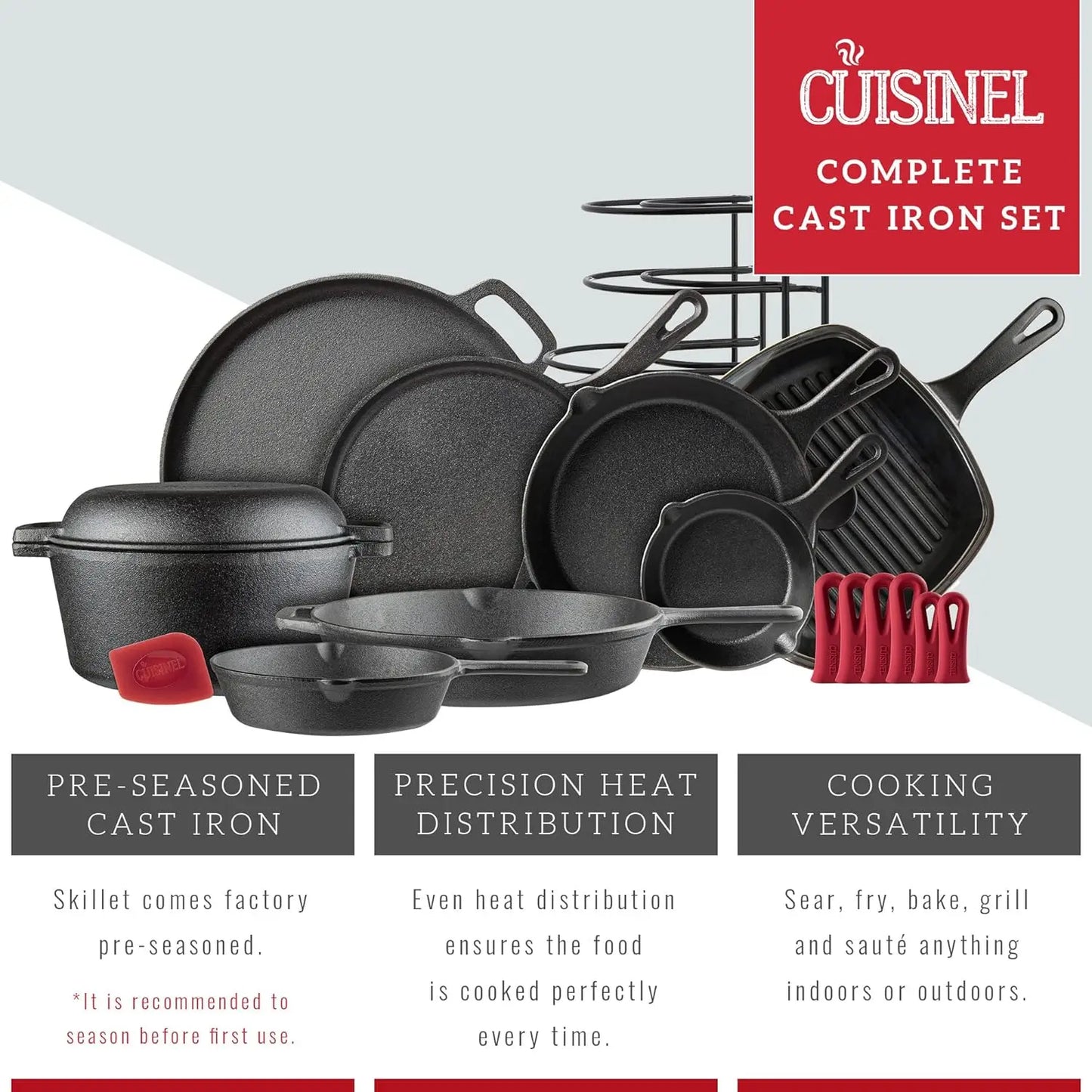 Cast Iron Cookware 17Piece Set - Pre-Seasoned Skillet Grill PanLid Griddle Pizza Pan Dutch Oven+Co