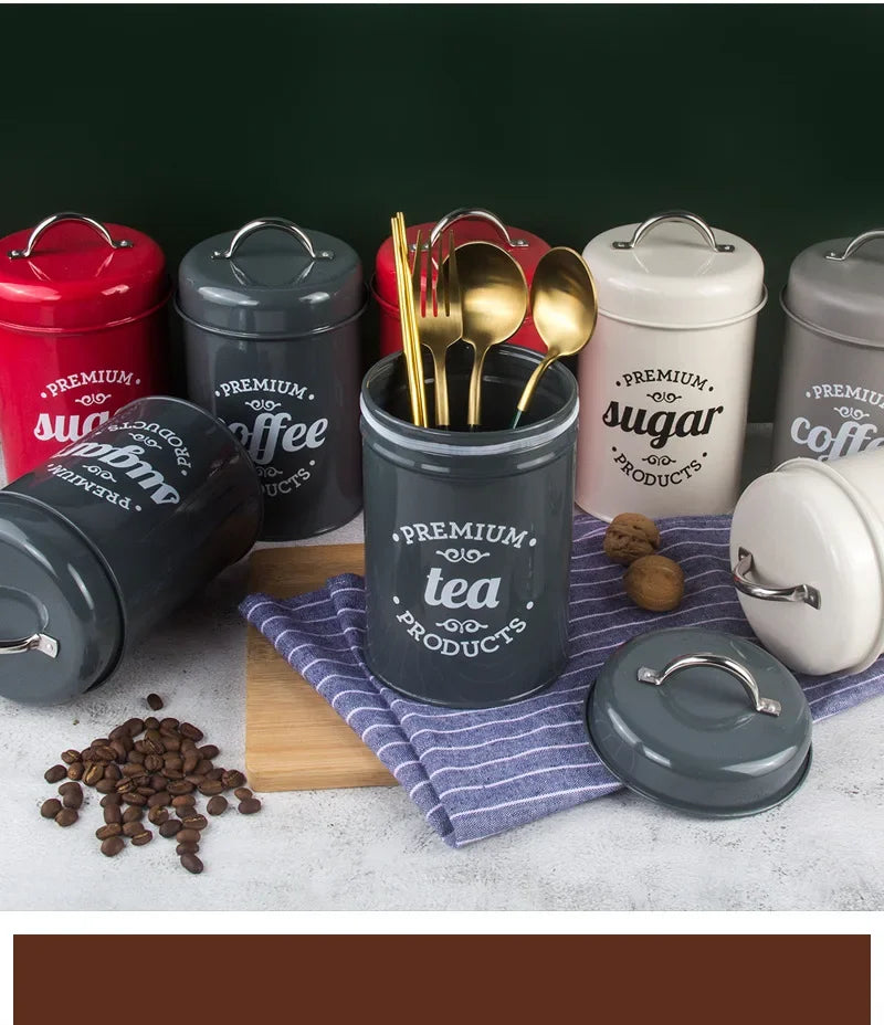 Kitchen Canisters Coffee Tea Sugar Flour Metal Tin Jars Nest Food Storage Container Farmhouse Decor Countertop Pantry Organizer