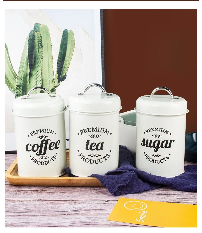 Kitchen Canisters Coffee Tea Sugar Flour Metal Tin Jars Nest Food Storage Container Farmhouse Decor Countertop Pantry Organizer