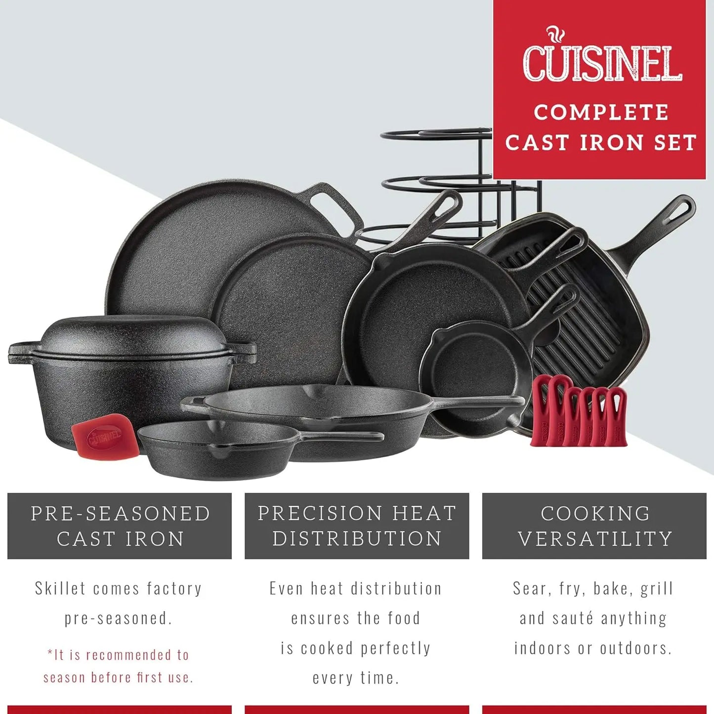Cast Iron Cookware 17-Piece Set Seasoned Skillet  Grill Pan Lid  Griddle  Pizza Pan  Dutch Oven+Pan