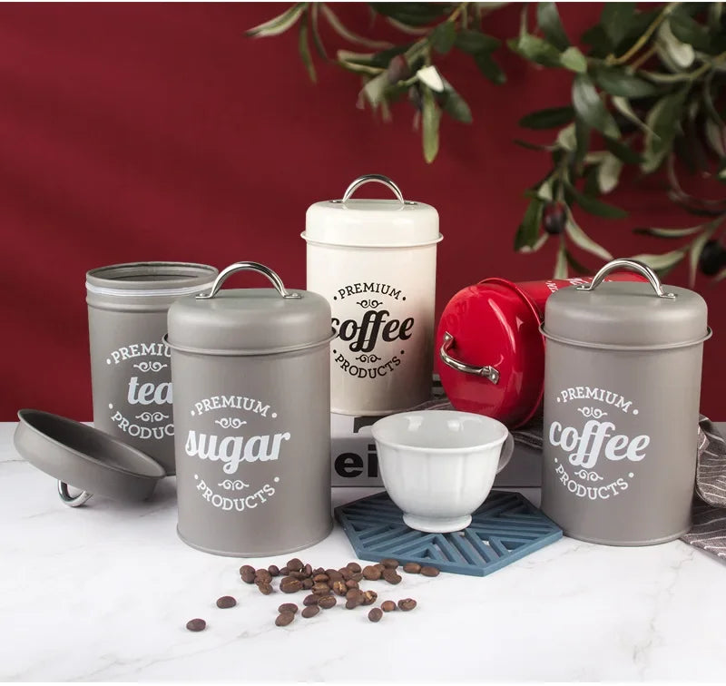 Kitchen Canisters Coffee Tea Sugar Flour Metal Tin Jars Nest Food Storage Container Farmhouse Decor Countertop Pantry Organizer