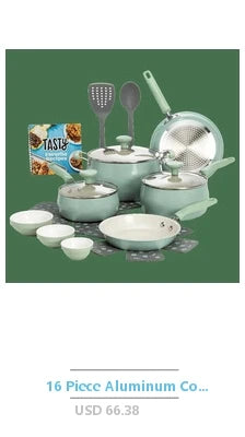 24-Piece Aluminum Cookware Set with Ceramic Measuring Cups and Spoons Cast Iron Skillet Wooden Tools Nylon Spatula Turquoise