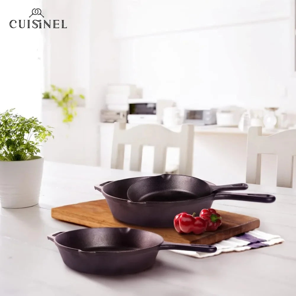 Cast Iron Skillet Set - 8" + 10" + 12"-Inch Pre-Seasoned Frying Pans + Silicone Handle Grip Covers - Use Indoor/Outdoor