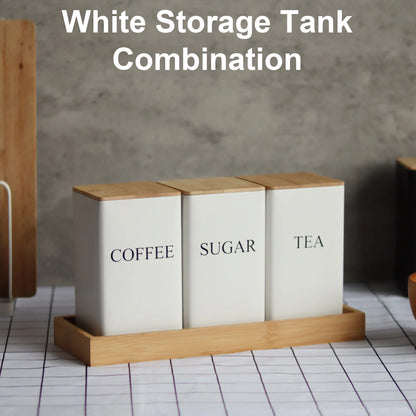 Kitchen Organizer with Bamboo Lid,Metal Tea Coffee Sugar Storage Jars,Countertop Food Container Box,Airtight Organization