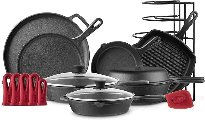 Cast Iron Skillet Set - 8" + 10" + 12"-Inch Pre-Seasoned Frying Pans + Silicone Handle Grip Covers - Use Indoor/Outdoor