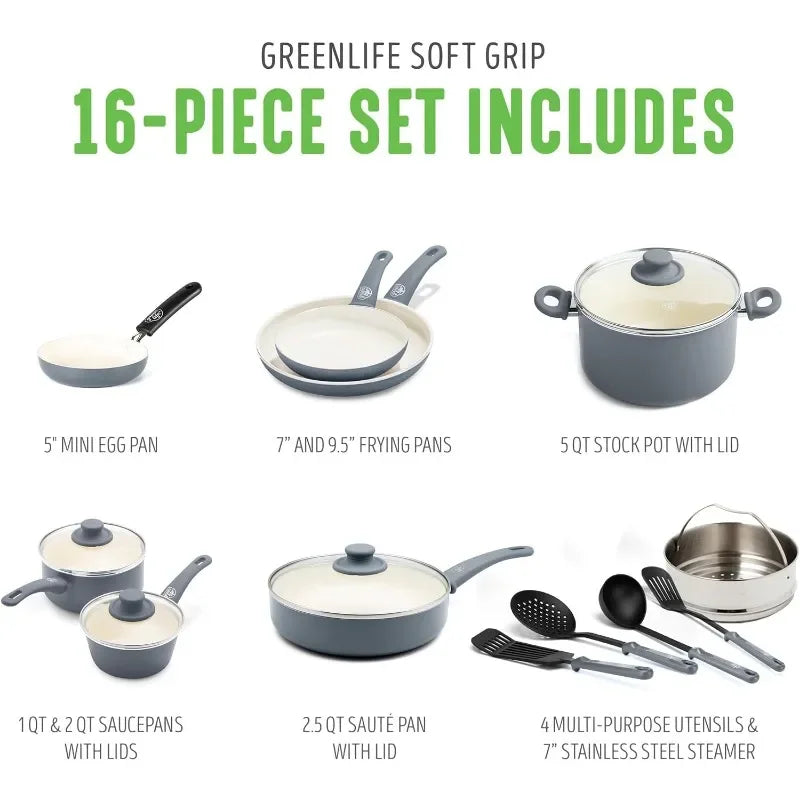 GreenLife Soft Grip Healthy Ceramic Nonstick 16 Piece Kitchen Cookware Pots and Frying Sauce Saute Pans Set, PFAS-Free