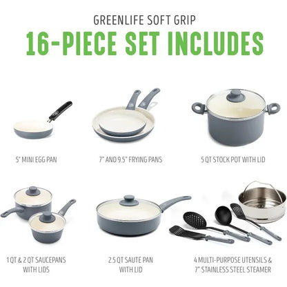 GreenLife Soft Grip Healthy Ceramic Nonstick 16 Piece Kitchen Cookware Pots and Frying Sauce Saute Pans Set, PFAS-Free