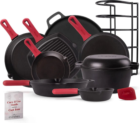 Cast Iron Cookware 17Piece Set - Pre-Seasoned Skillet Grill PanLid Griddle Pizza Pan Dutch Oven+Co