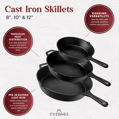 Cast Iron Skillet Set - 8" + 10" + 12"-Inch Pre-Seasoned Frying Pans + Silicone Handle Grip Covers - Use Indoor/Outdoor