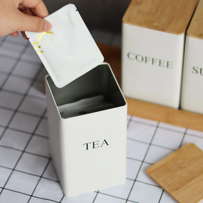 Kitchen Organizer with Bamboo Lid,Metal Tea Coffee Sugar Storage Jars,Countertop Food Container Box,Airtight Organization