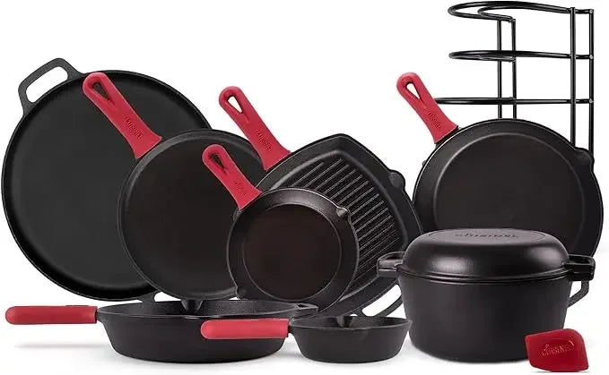 Cast Iron Skillet Set - 8" + 10" + 12"-Inch Pre-Seasoned Frying Pans + Silicone Handle Grip Covers - Use Indoor/Outdoor