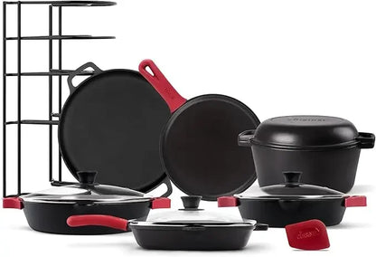 Cast Iron Skillet Set - 8" + 10" + 12"-Inch Pre-Seasoned Frying Pans + Silicone Handle Grip Covers - Use Indoor/Outdoor