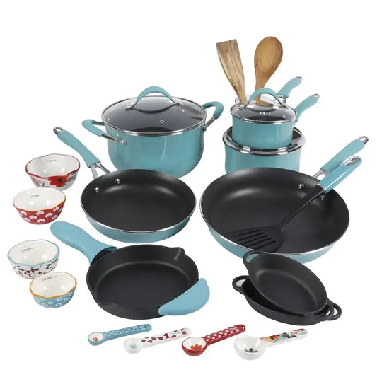 24-Piece Aluminum Cookware Set with Ceramic Measuring Cups and Spoons Cast Iron Skillet Wooden Tools Nylon Spatula Turquoise