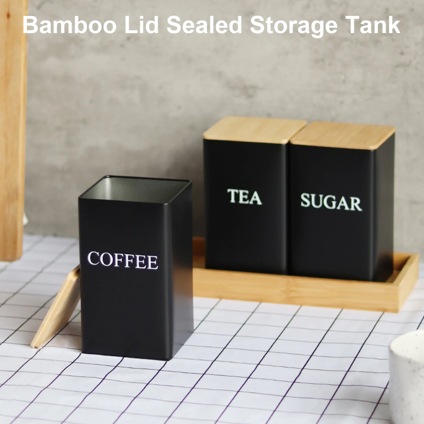 Kitchen Organizer with Bamboo Lid,Metal Tea Coffee Sugar Storage Jars,Countertop Food Container Box,Airtight Organization