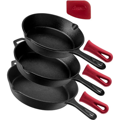 Cast Iron Skillet Set - 8" + 10" + 12"-Inch Pre-Seasoned Frying Pans + Silicone Handle Grip Covers - Use Indoor/Outdoor