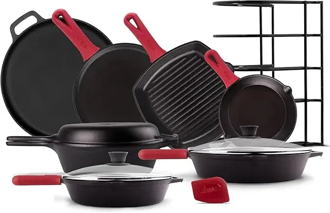 Cast Iron Skillet Set - 8" + 10" + 12"-Inch Pre-Seasoned Frying Pans + Silicone Handle Grip Covers - Use Indoor/Outdoor