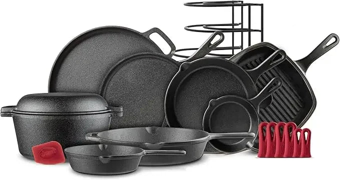 Cast Iron Skillet Set - 8" + 10" + 12"-Inch Pre-Seasoned Frying Pans + Silicone Handle Grip Covers - Use Indoor/Outdoor