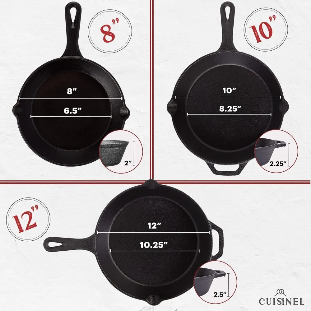 Cast Iron Skillet Set - 8" + 10" + 12"-Inch Pre-Seasoned Frying Pans + Silicone Handle Grip Covers - Use Indoor/Outdoor