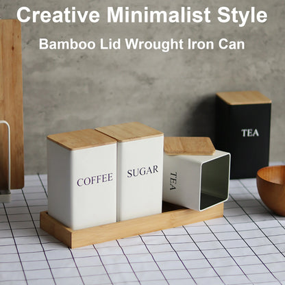 Kitchen Organizer with Bamboo Lid,Metal Tea Coffee Sugar Storage Jars,Countertop Food Container Box,Airtight Organization