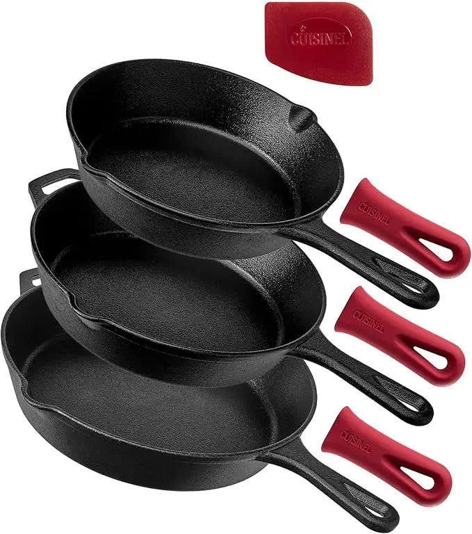 Cast Iron Skillet Set - 8" + 10" + 12"-Inch Pre-Seasoned Frying Pans + Silicone Handle Grip Covers - Use Indoor/Outdoor