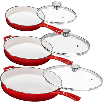 8,10 & 12 Red Enamel Cast Iron Grill Set of 3 With Tempered Glass Lid, Oven Safe Skillet, Nonstick Cookware set For Casserole Dish