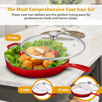 8,10 & 12 Red Enamel Cast Iron Grill Set of 3 With Tempered Glass Lid, Oven Safe Skillet, Nonstick Cookware set For Casserole Dish