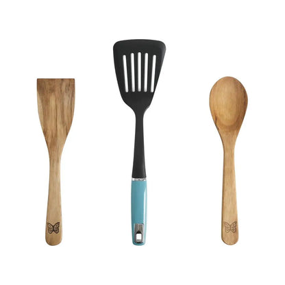 24-Piece Aluminum Cookware Set with Ceramic Measuring Cups and Spoons Cast Iron Skillet Wooden Tools Nylon Spatula Turquoise