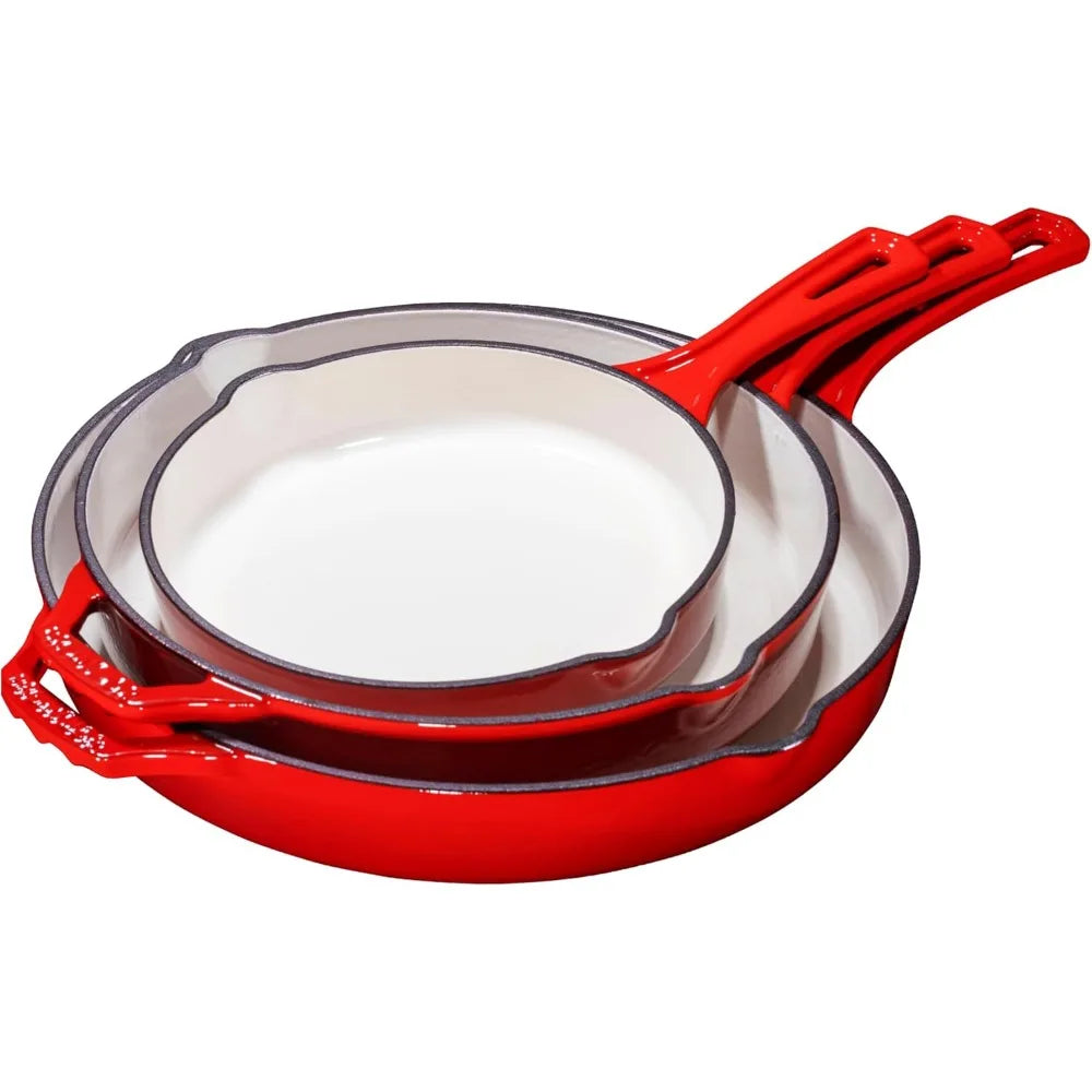 8,10 & 12 Red Enamel Cast Iron Grill Set of 3 With Tempered Glass Lid, Oven Safe Skillet, Nonstick Cookware set For Casserole Dish