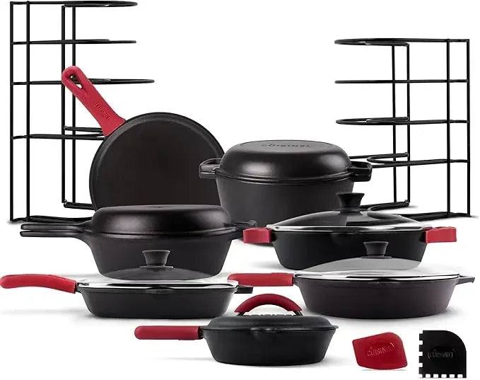 Cast Iron Skillet Set - 8" + 10" + 12"-Inch Pre-Seasoned Frying Pans + Silicone Handle Grip Covers - Use Indoor/Outdoor