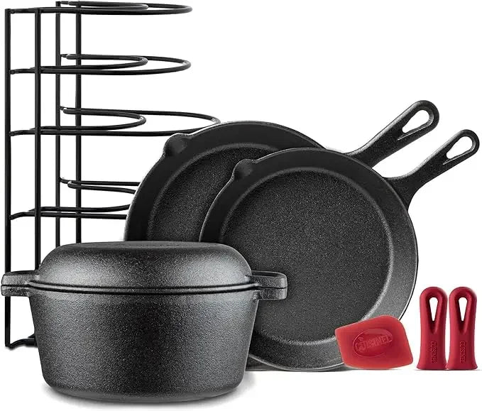 Cast Iron Skillet Set - 8" + 10" + 12"-Inch Pre-Seasoned Frying Pans + Silicone Handle Grip Covers - Use Indoor/Outdoor