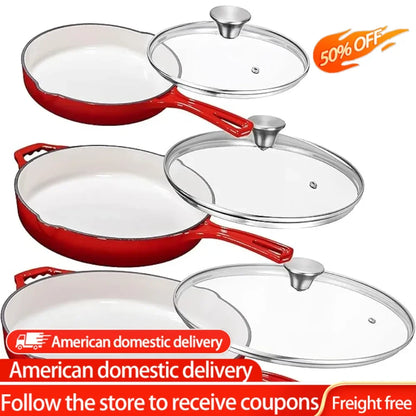 8,10 & 12 Red Enamel Cast Iron Grill Set of 3 With Tempered Glass Lid, Oven Safe Skillet, Nonstick Cookware set For Casserole Dish